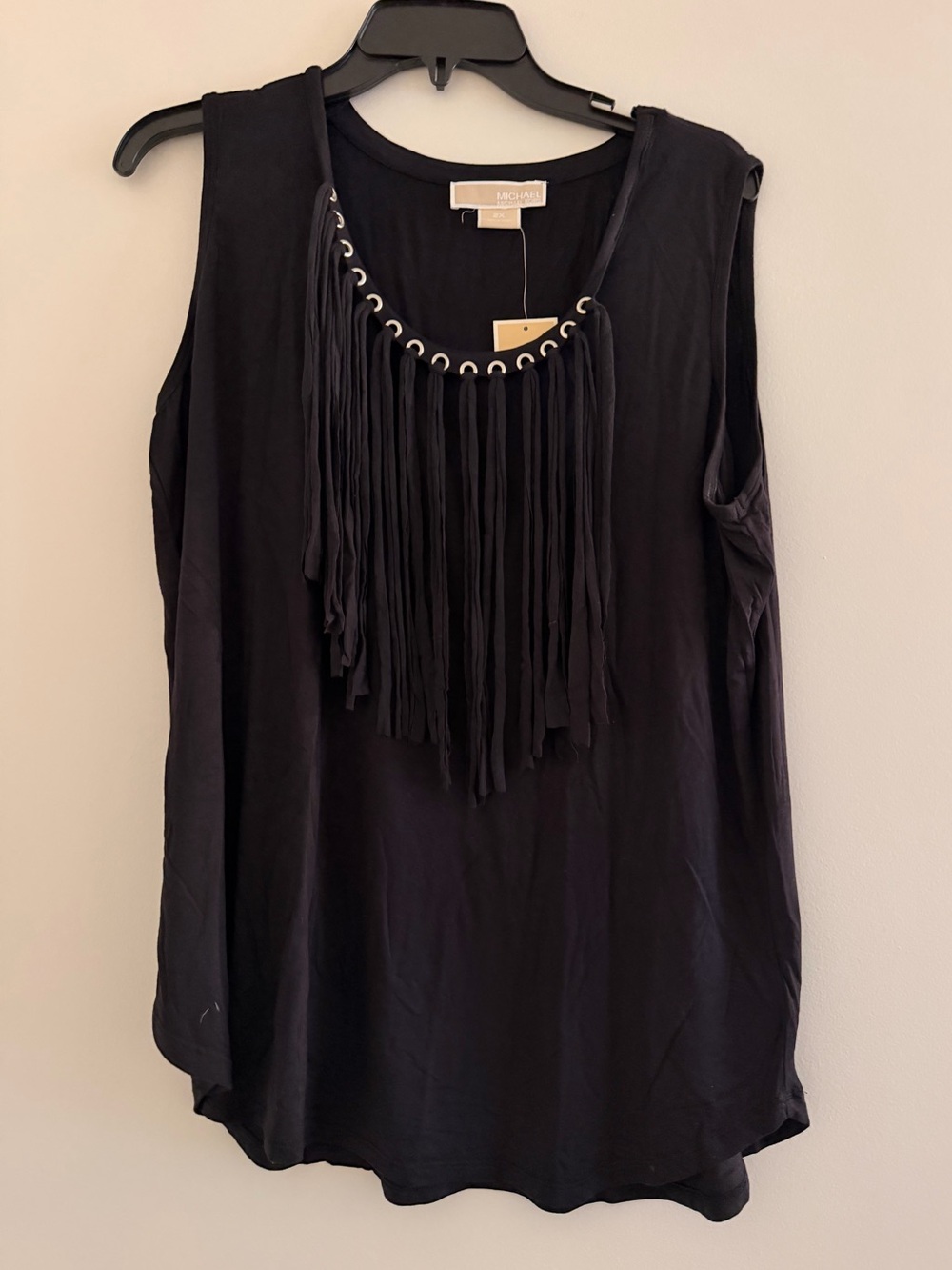 MICHAEL Michael Kors Black Sleeveless Fringe Grommet Tank 2X